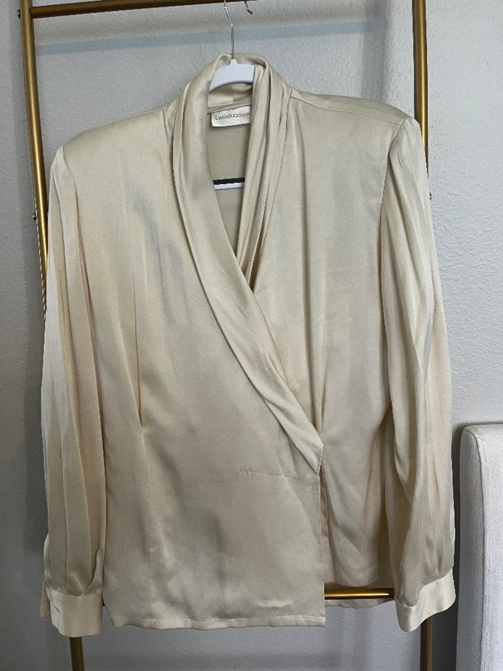 Dana Buchman 100 Silk Ivory Wrap Blouse Shawl Collar Long Sleeve Size 12